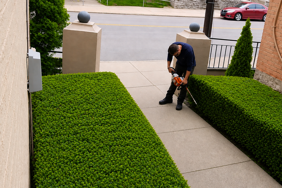 Man trimming hedges by urban walkway