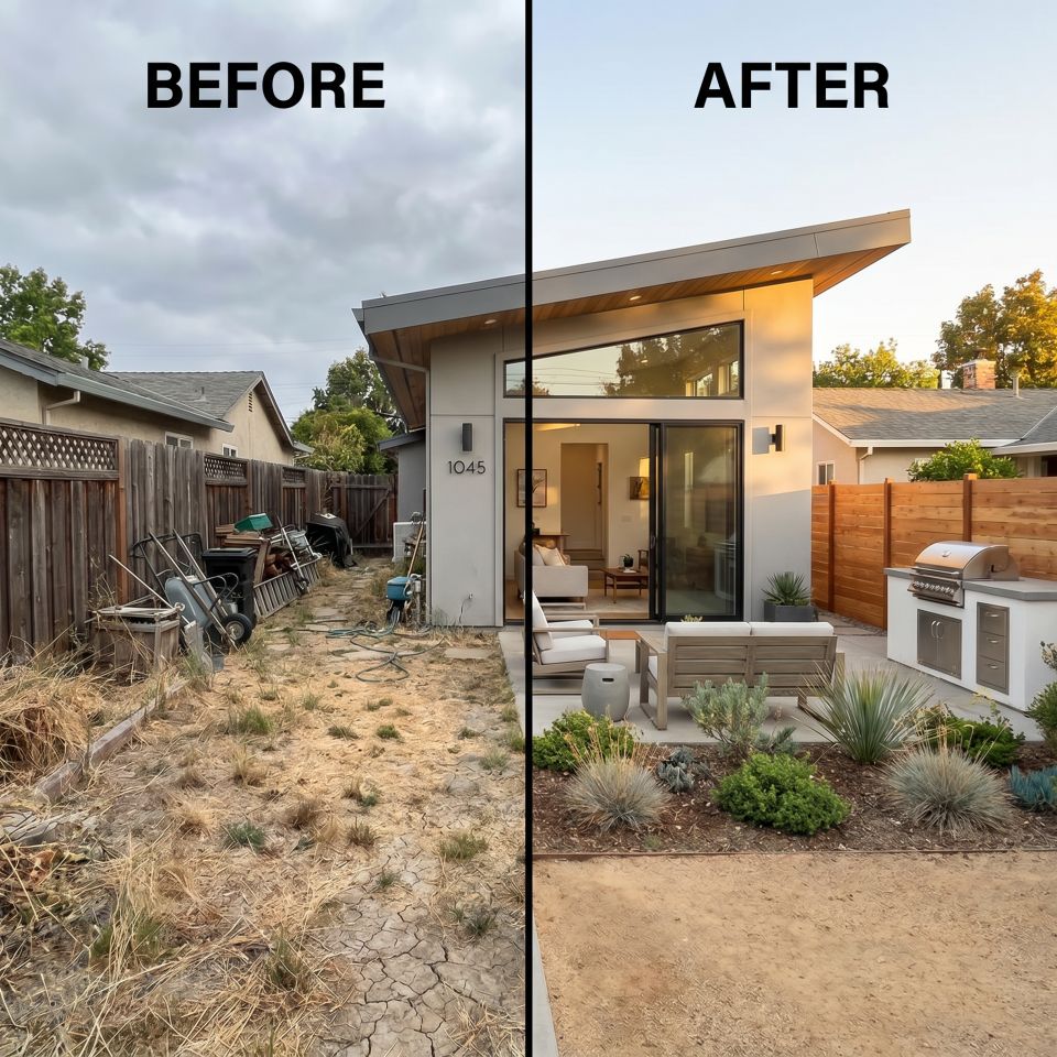 Before and after detached ADU construction in Los Angeles County by Rogelio's Construction showing backyard transformation.