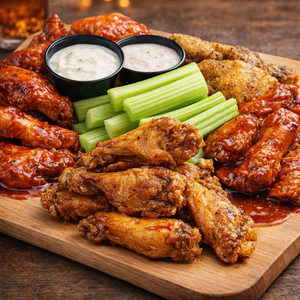 Assorted crispy fried chicken wings in multiple flavors with celery and dipping sauce from Wing Dash in Lewisville, Texas.
