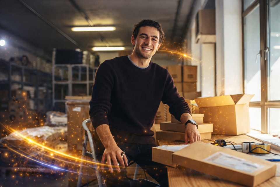Confident smile in a glowing warehouse