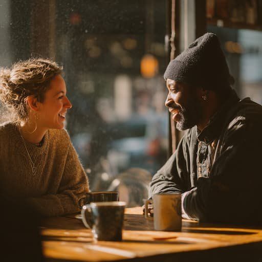 Two friends having an intimate conversation at a cafe 