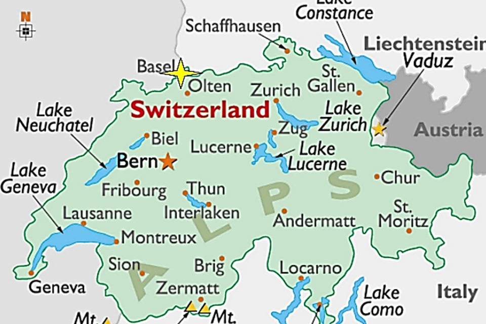 Map of switzerland showing basel