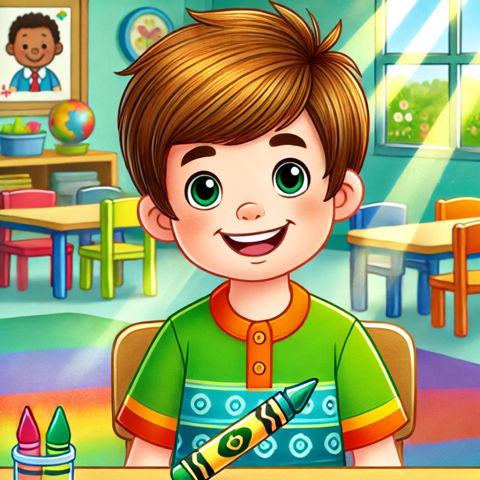 Dall·e 2025 02 03 00.07.03   a cartoon style illustration featuring a cheerful young boy with light brown hair and bright  happy eyes  sitting in a colorful classroom setting. he 