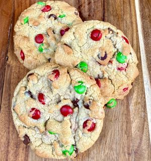 Three M&M Christmas cookies from our holiday cookie menu