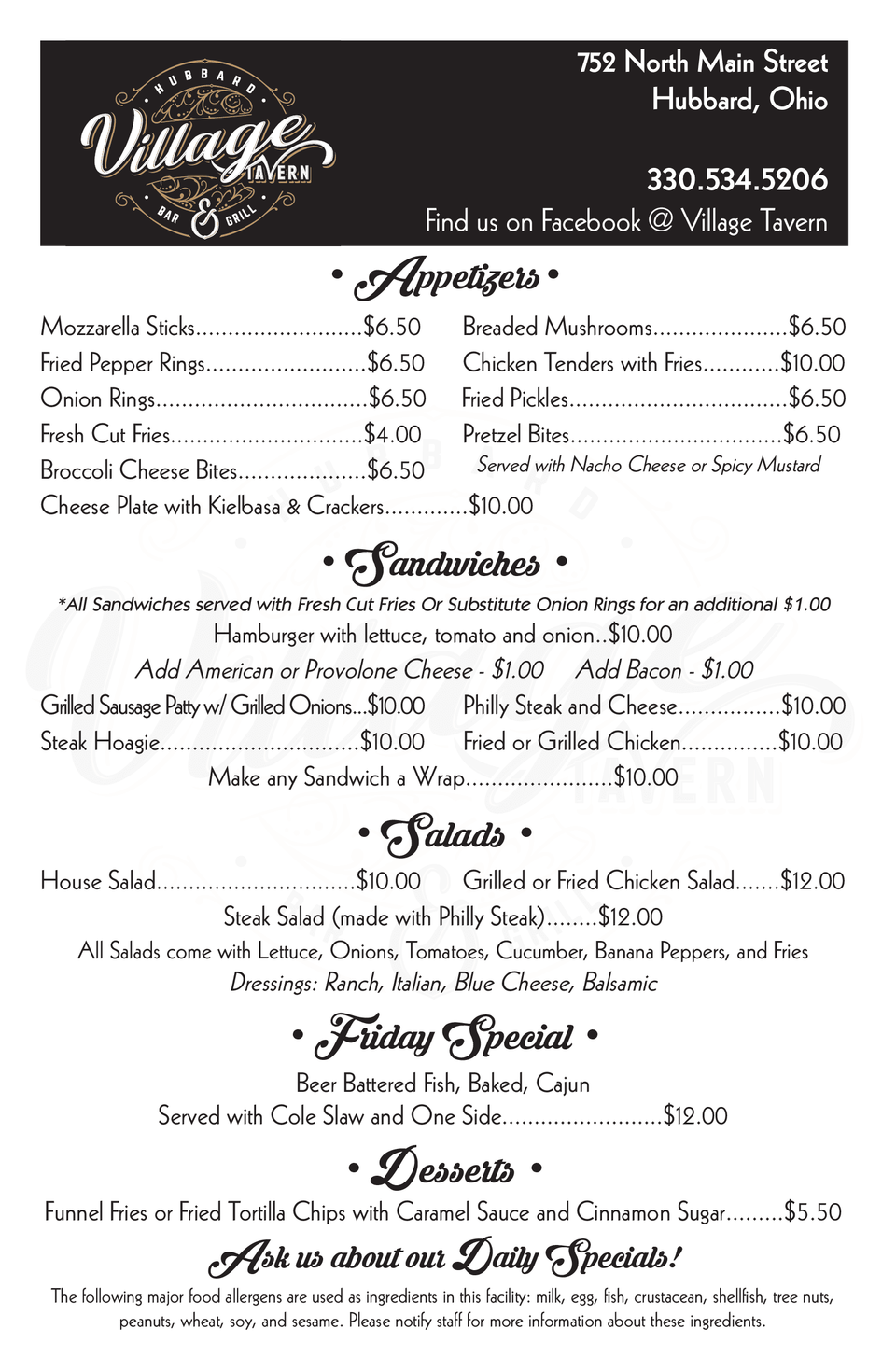 Village Tavern Menu