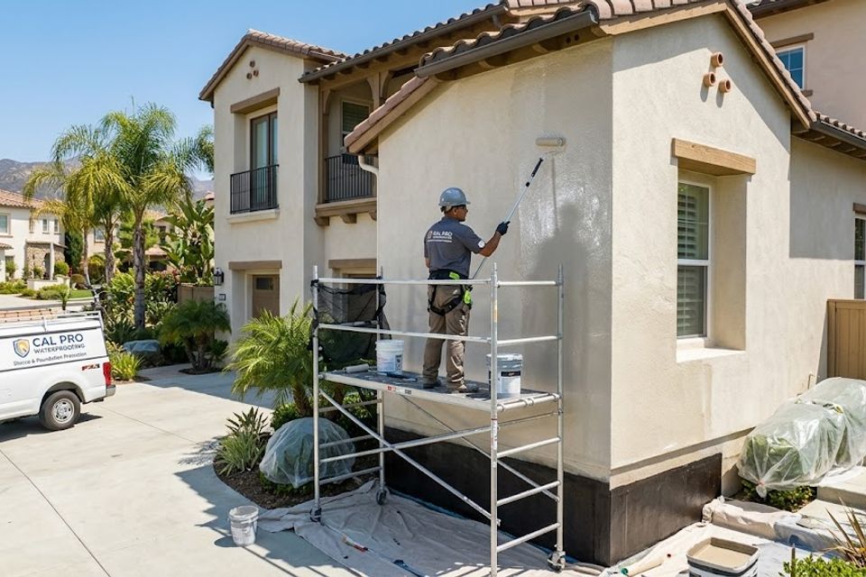 Waterproofing contractor applying protective coating to residential stucco home exterior