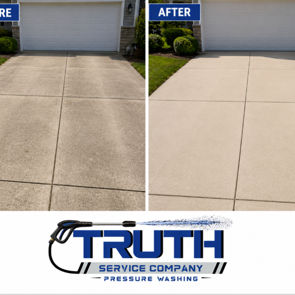 Before and after photos of a driveway after pressure washing.