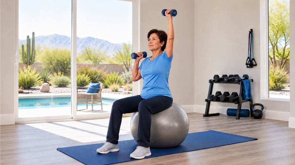 Woman over 50 strength training with dumbbells on an exercise ball in a home gym