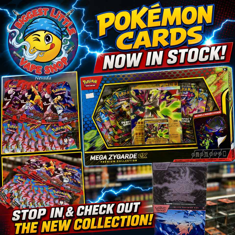 Pokémon trading cards, booster packs and mega zygarde ex collection now available at biggest little vape shop in nevada.