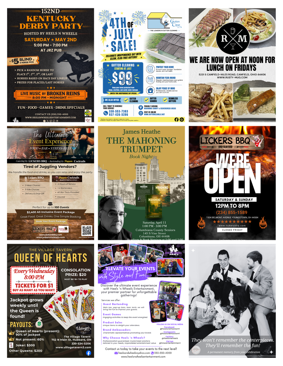 Custom flyer designs created by EzSites4U Web Design for restaurants, events, promotions, entertainment venues, and local businesses.
