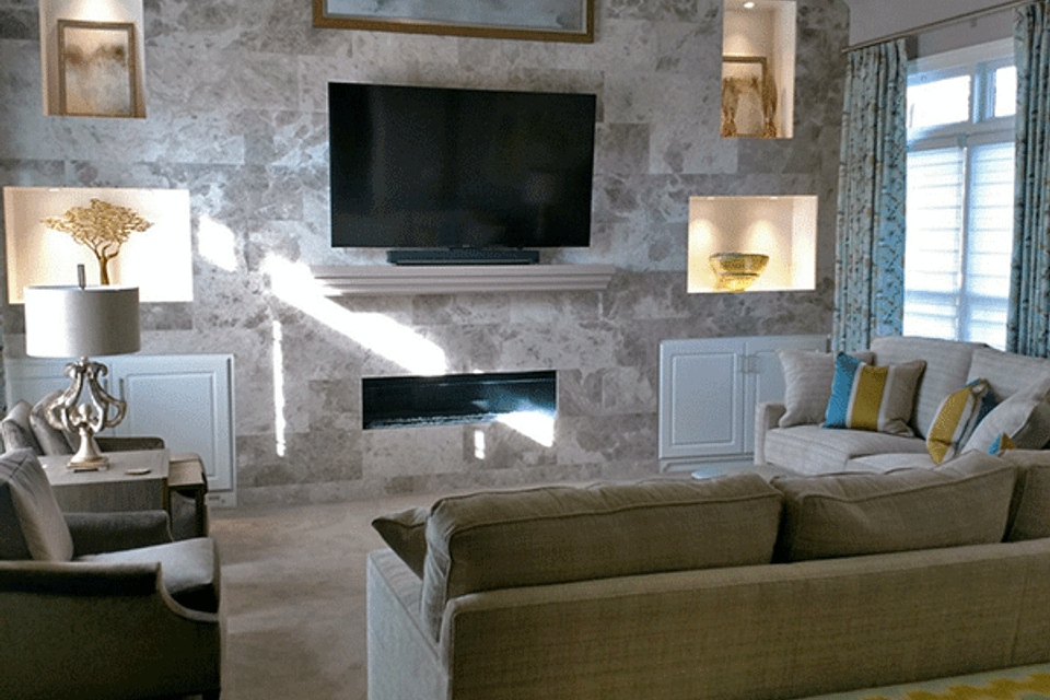 Living room with fireplace after