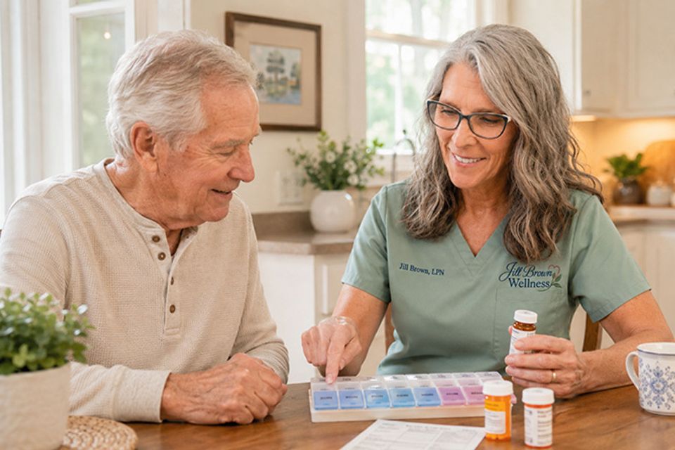 Jill helping man with meds