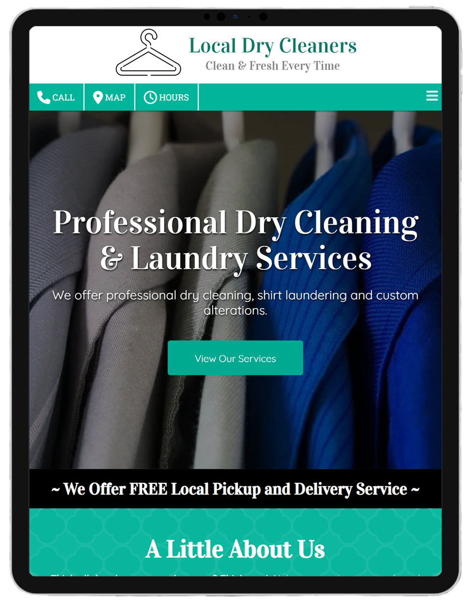 ipad tablet preview of the mobile website for laundry called Local Dry Cleaners