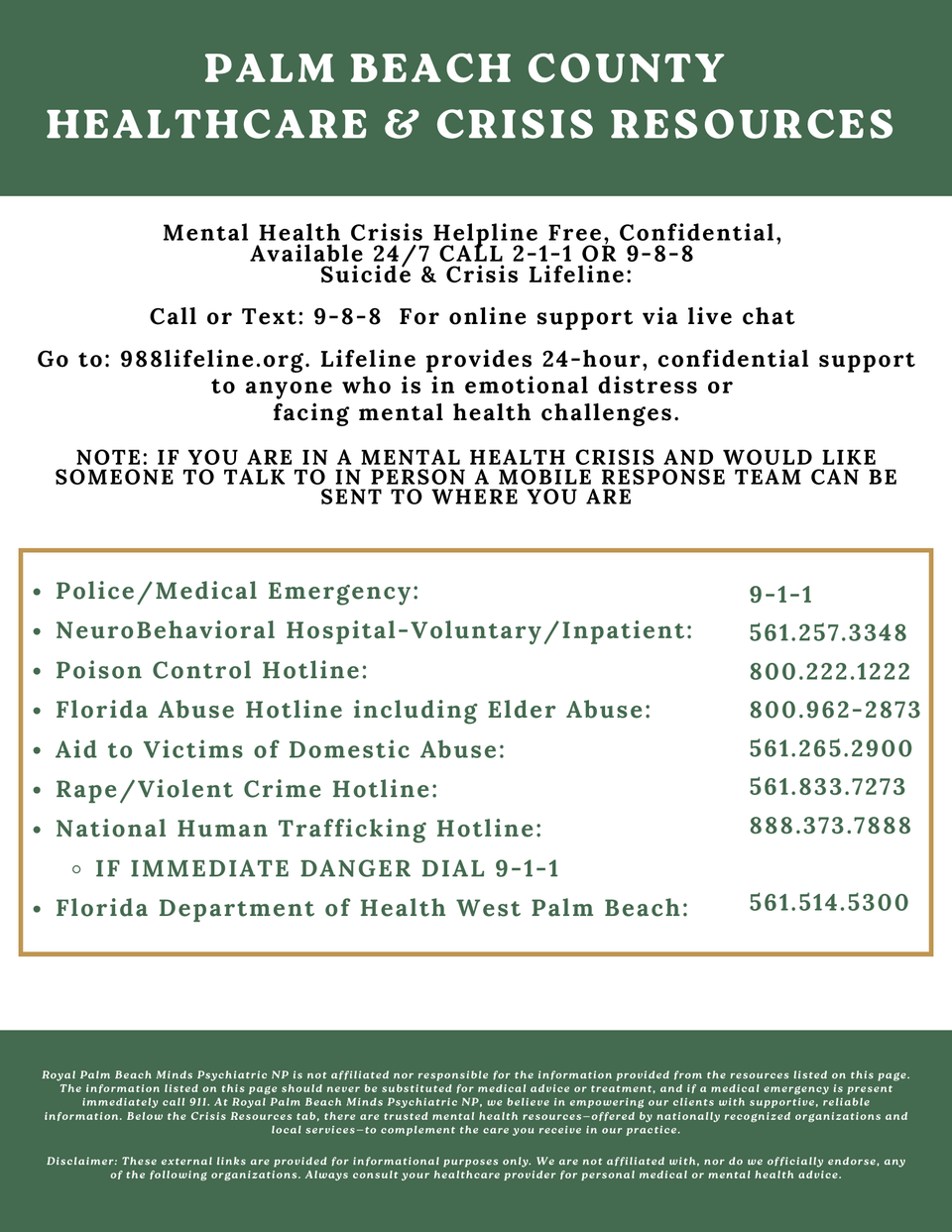 Finality royal palm beach minds crisis resources