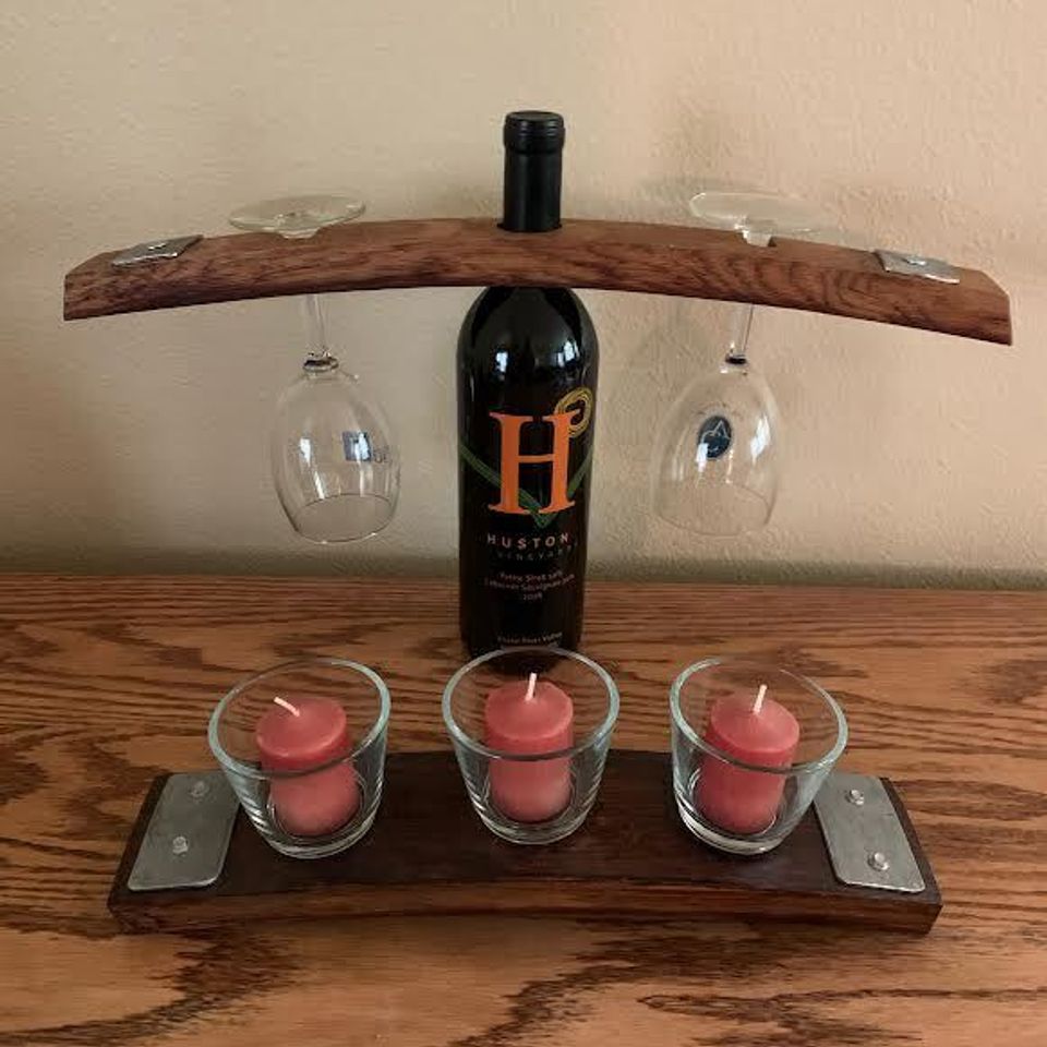 Wine glass holder from wine barrel in idaho