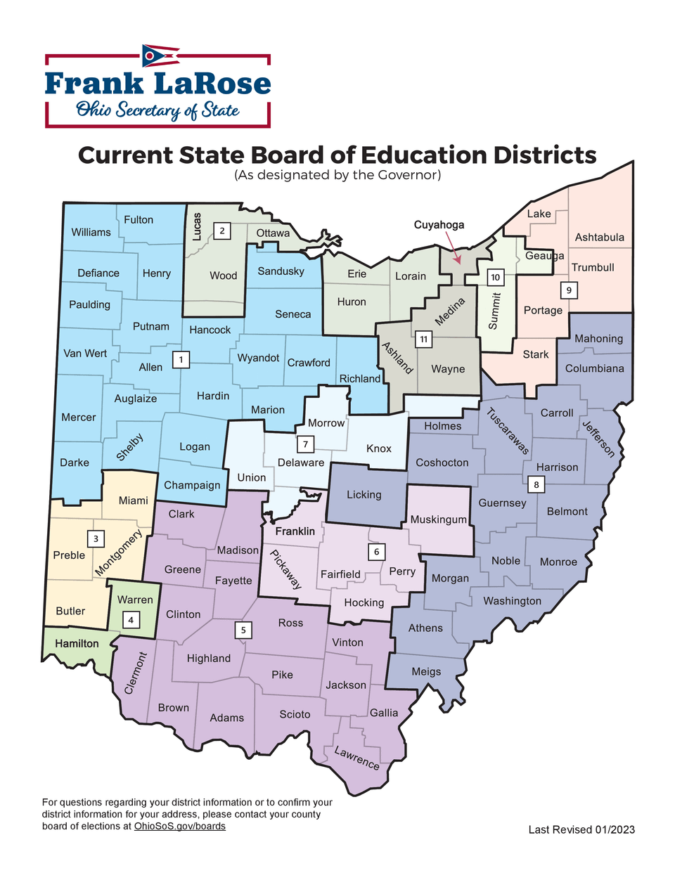 Map of Ohio showing the current State Board of Education districts.