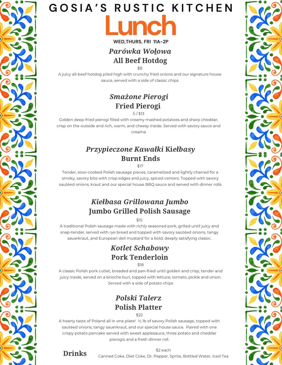 Lunch Menu from Gosia's Rustic Kitchen in Sheridan, IN