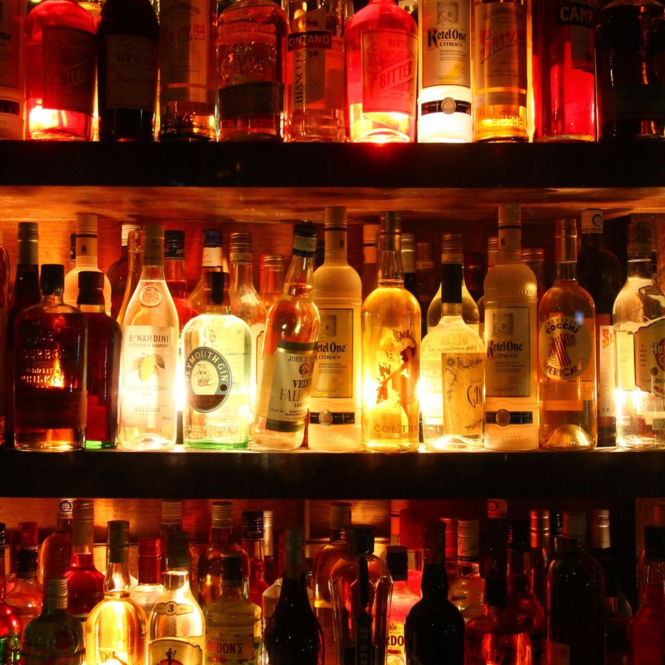 Bottles lit up behind the bar