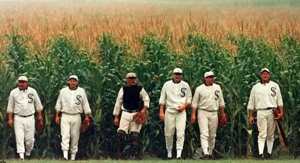 Field of Dreams crew emerging from the corn fields 