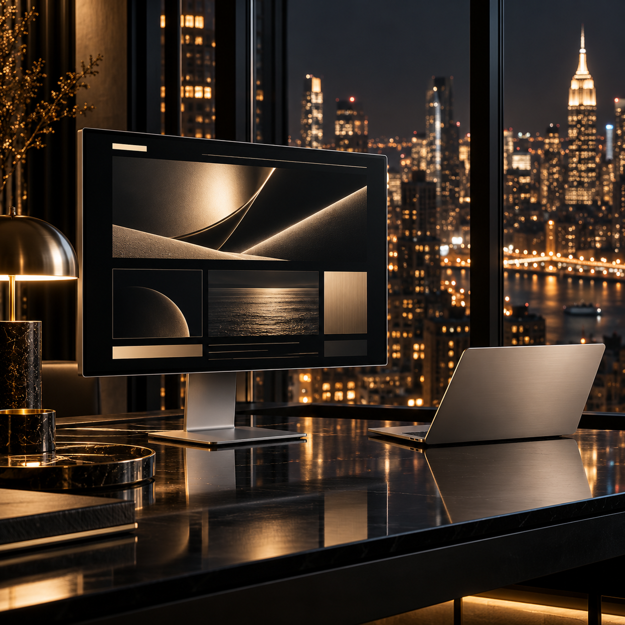 Web design studio desk overlooking the New York City skyline at night