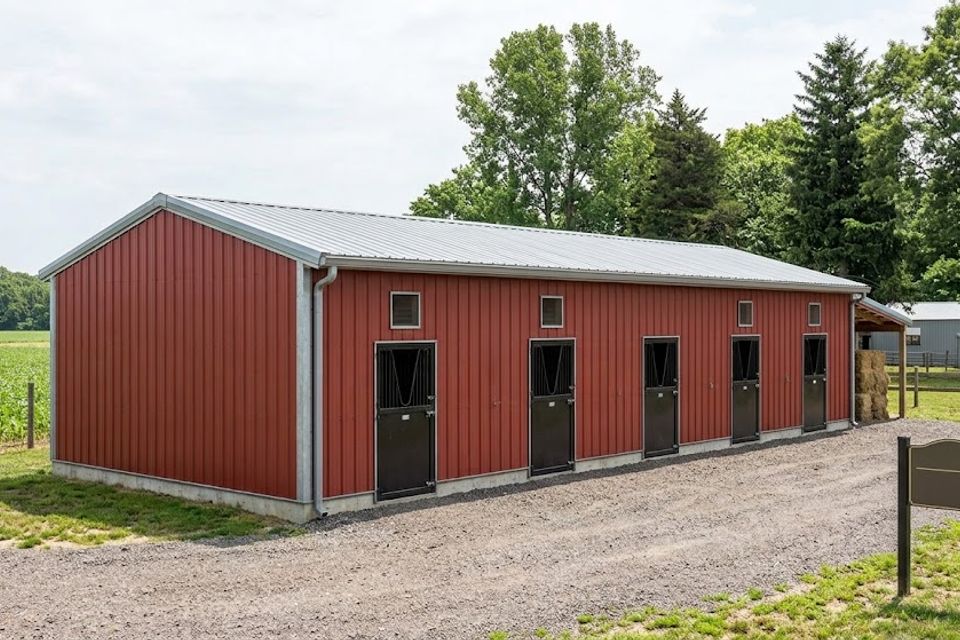 Red metal horse barn with five stall doors and gray roof on a Knoxville TN property