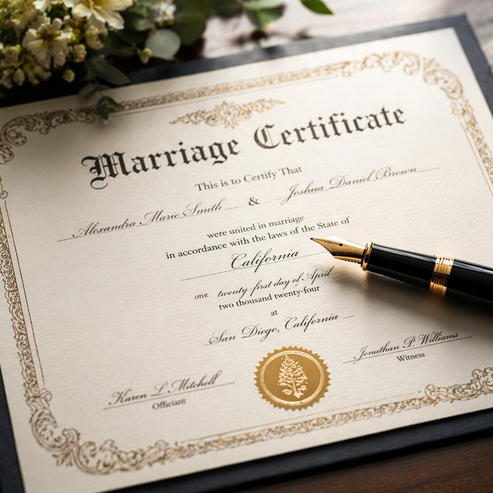 Signing marriage license with wedding officiant
