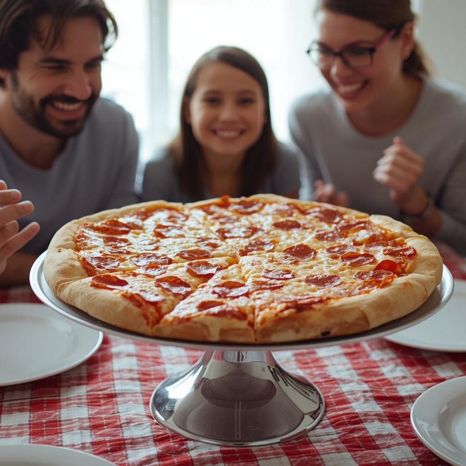 Bright photo of a family eating a largecheesy pepperoni pizza on a chrome pedistool holder on table with red and white plaid table clothe with white plates