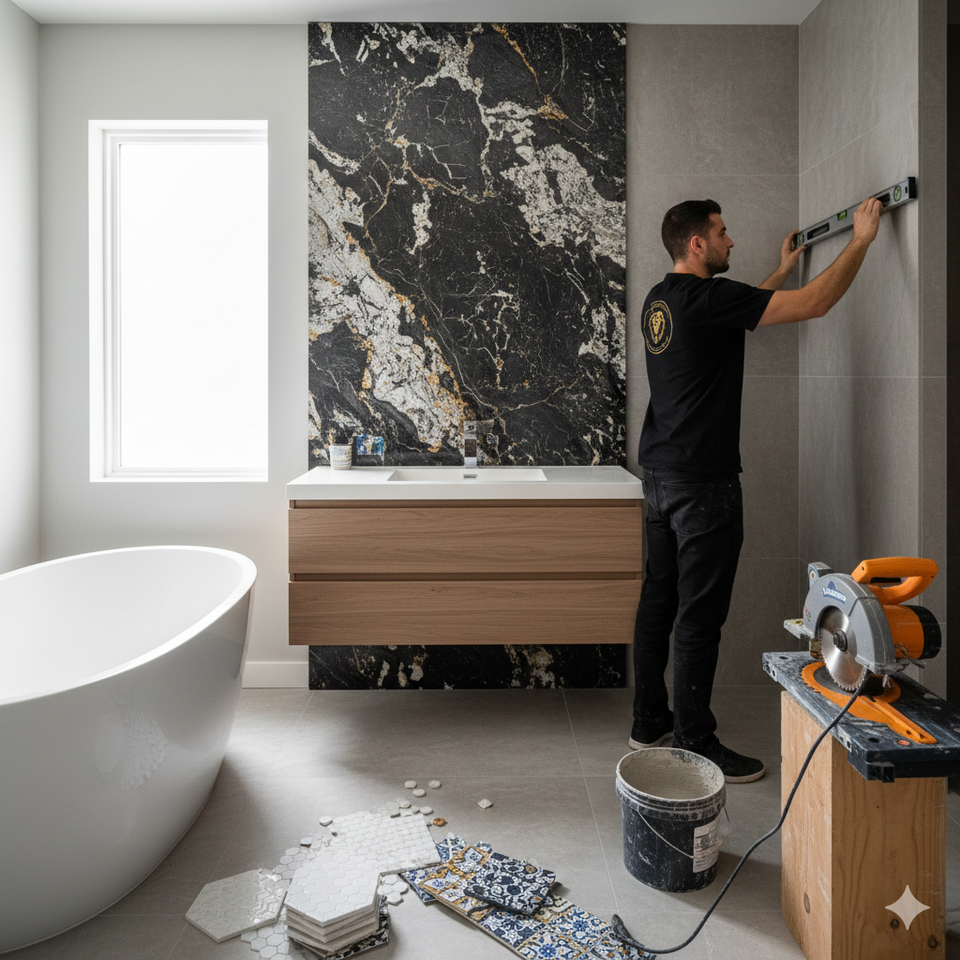 Master stone fabricator from LuXe Design Tile and Granite inc. leveling a large-format porcelain wall tile next to a custom black marble book-matched vanity backsplash in a luxury bathroom.