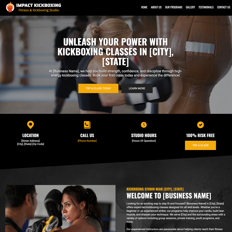 Kickboxing studio website design theme