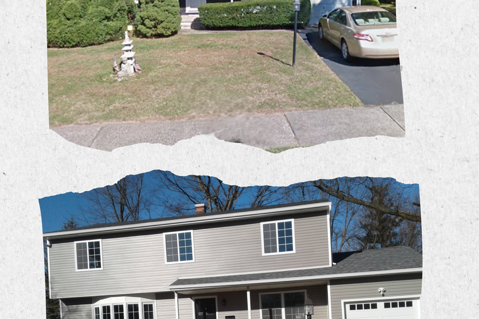 Before and after home renovation showcasing a modern exterior upgrade.