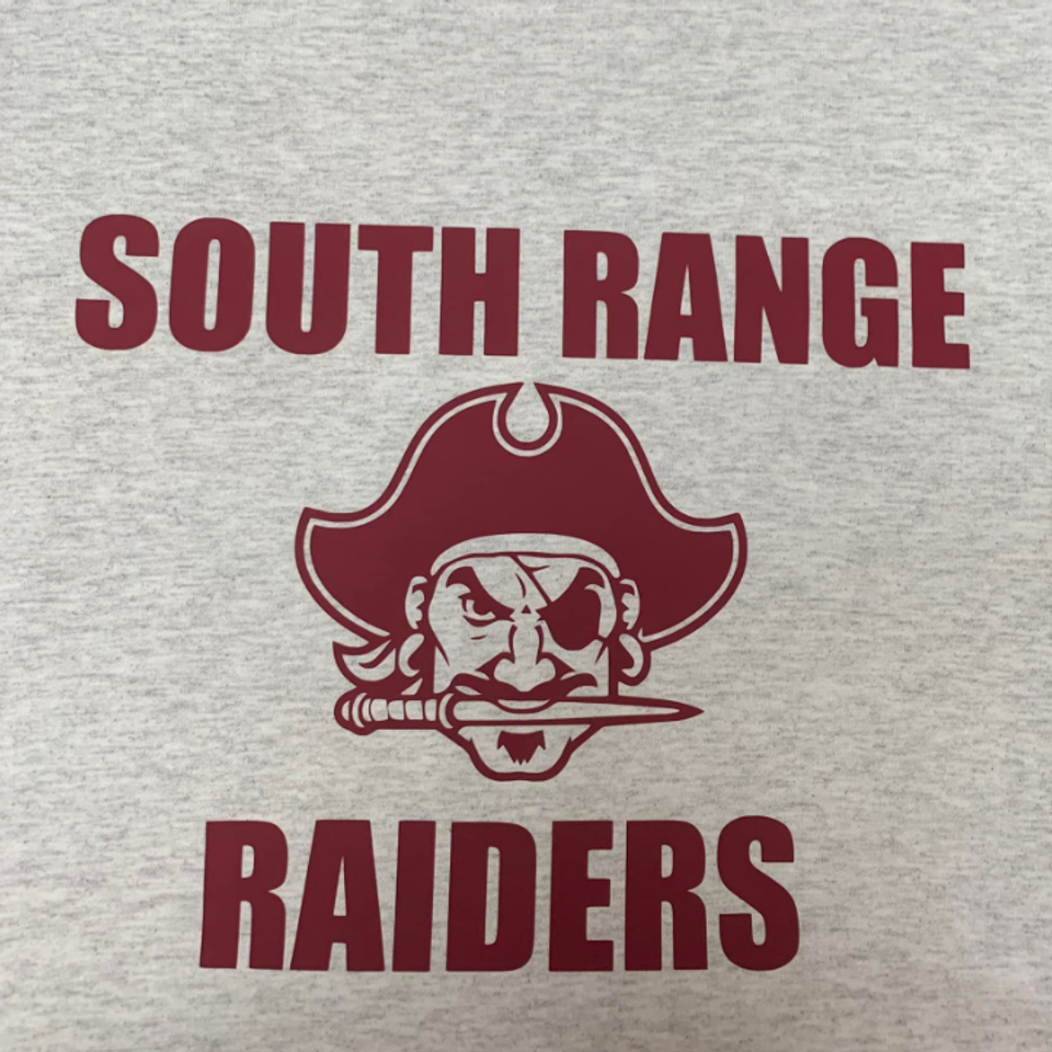 Gray shirt featuring the South Range Raiders pirate mascot with maroon lettering.