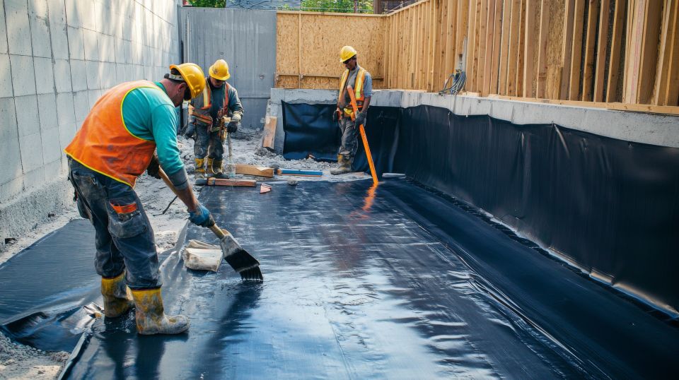 Medium construction workers applying waterproofing membrane to foundation