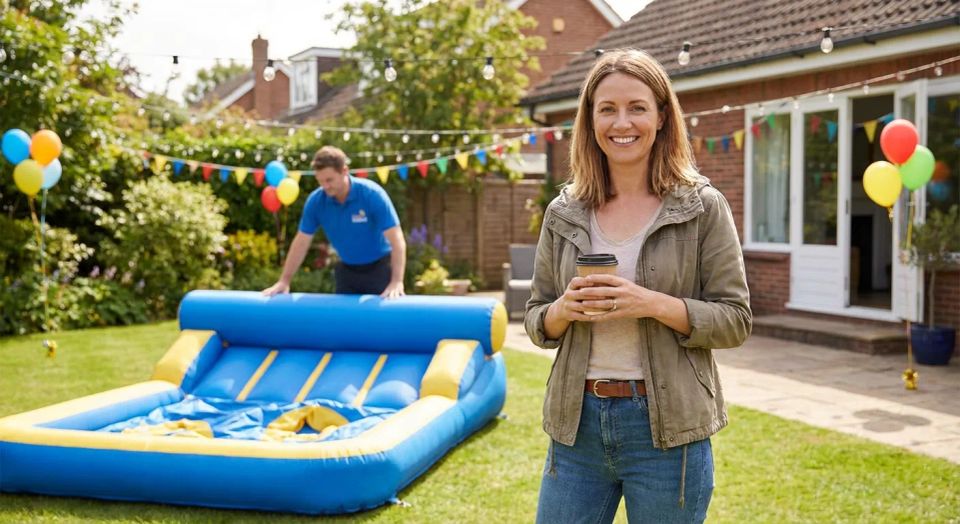 Smiling mother relaxing with coffee while a professional party rental staff member safely sets up a kids bounce house in her backyard.