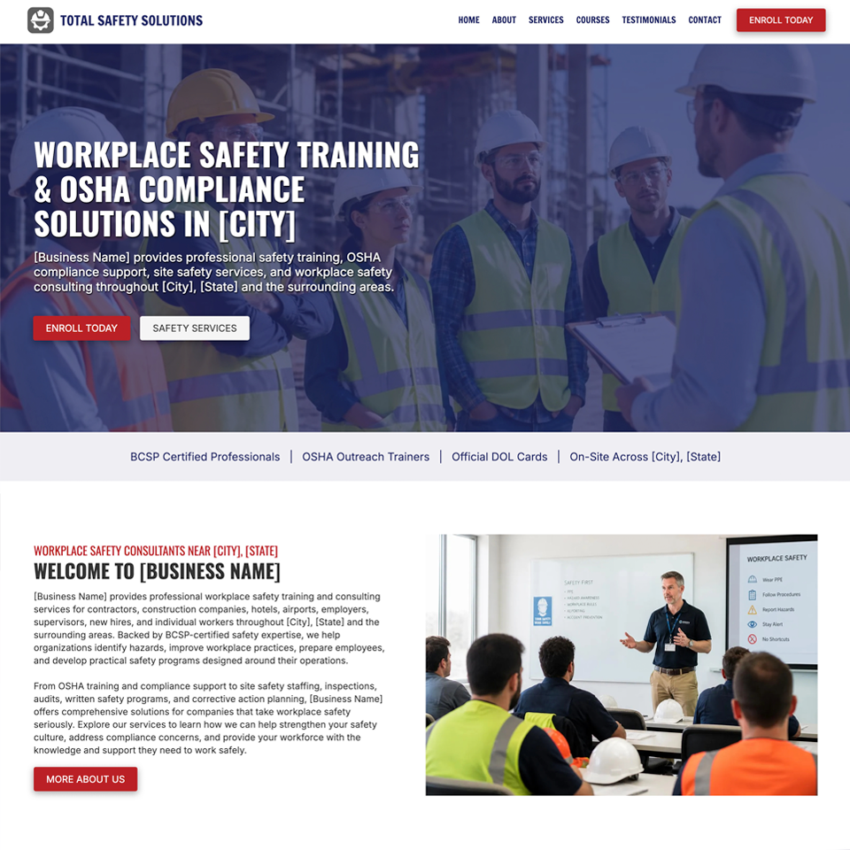 Safety training website design theme