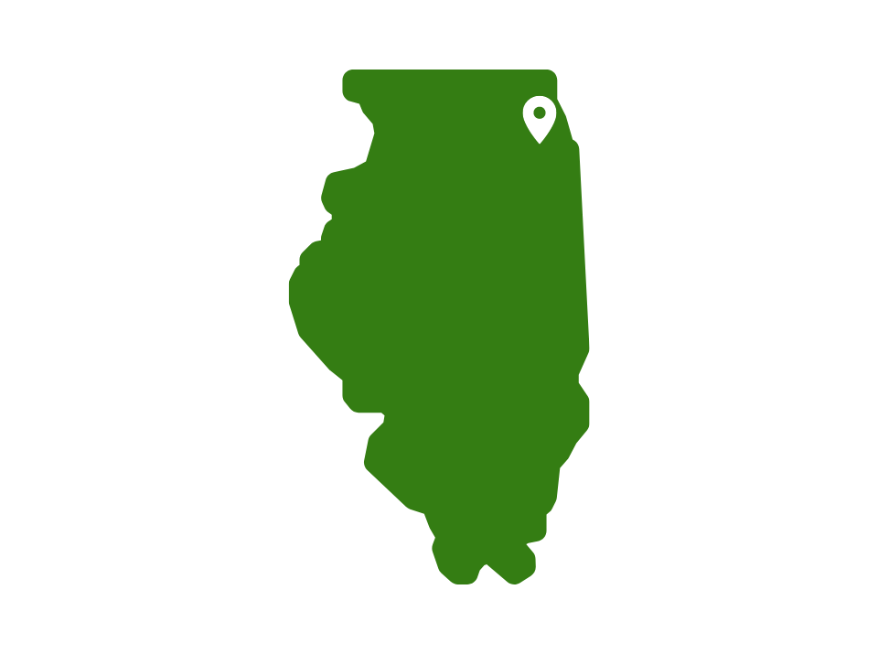 The State of Illinois shaded in green with a location marker centered over DuPage County, Illinois.