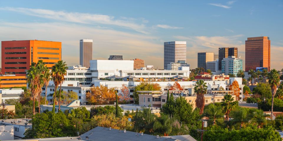 Beverly Hills, California, USA rooftop skyline view with focus on palm trees