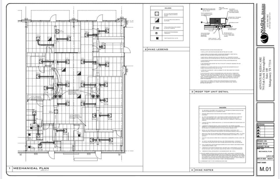 Mechanical HVAC plan for Adventure Kids Care project by Nadel Design – Layout of heating, ventilation, and air conditioning systems.