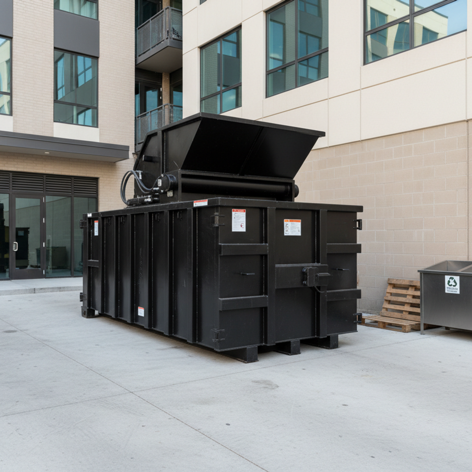 Black commercial trash compactor for waste services in St. Croix