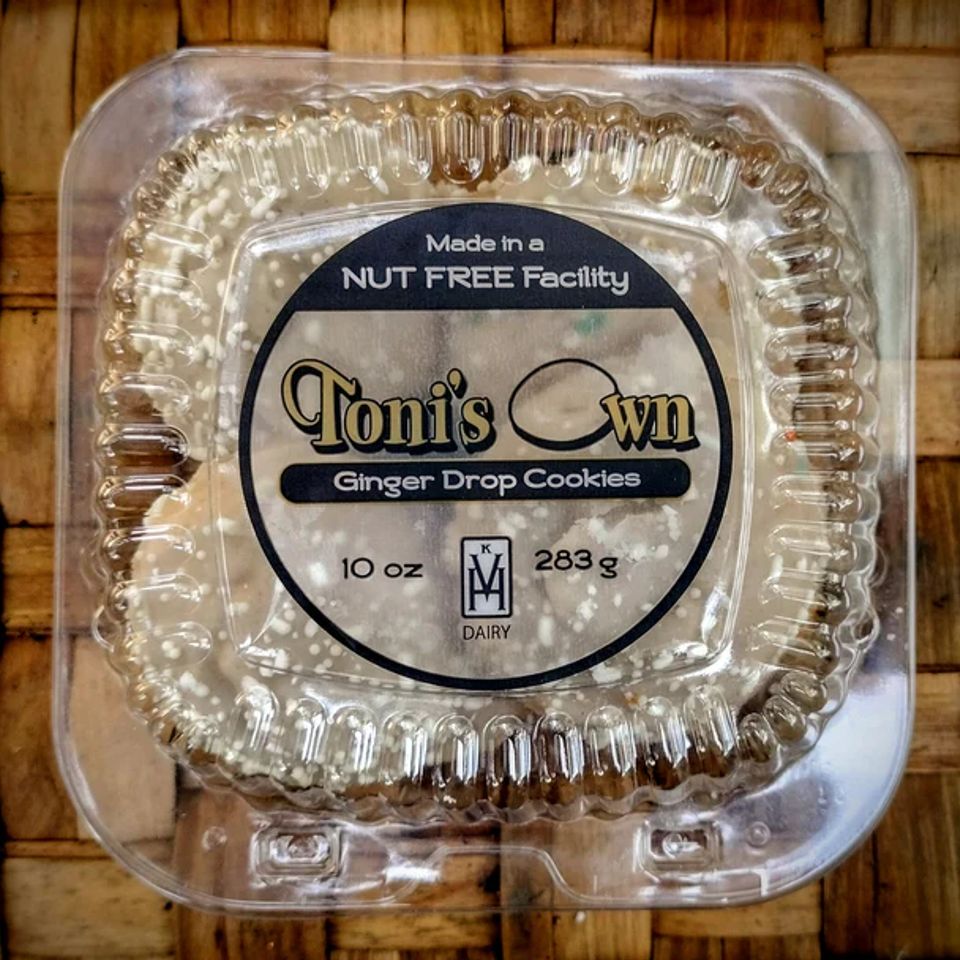 A 10 oz package of the Ginger Drop cookies from Toni's Own Cookies