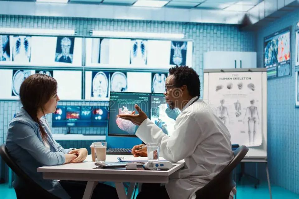 Medical specialist showing internal organs scans to woman cabinet presenting diagnostics wellness treatment modern 376882061