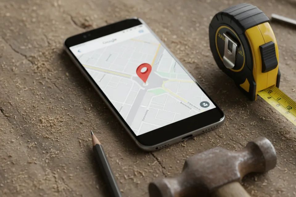 Smartphone displaying Google Maps location on a dusty workbench symbolizing local SEO and 'near me' search rankings for trade businesses.