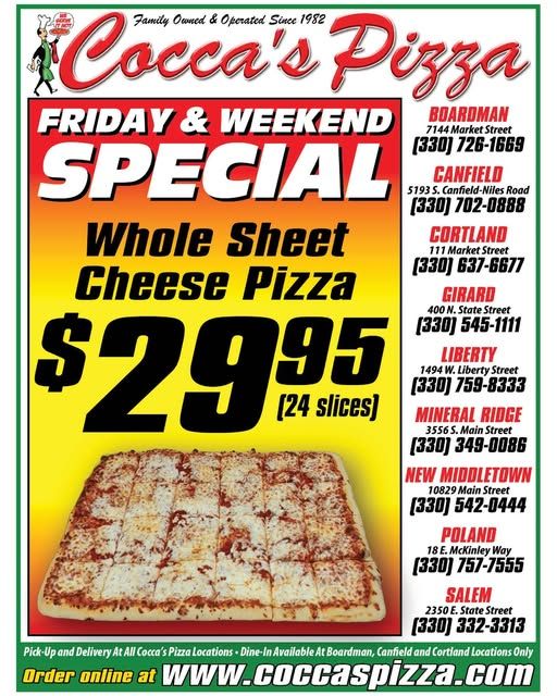 Friday and weekend special promotion for a whole sheet cheese pizza.