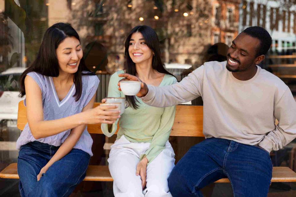 People drinking coffee spacious cafeteria