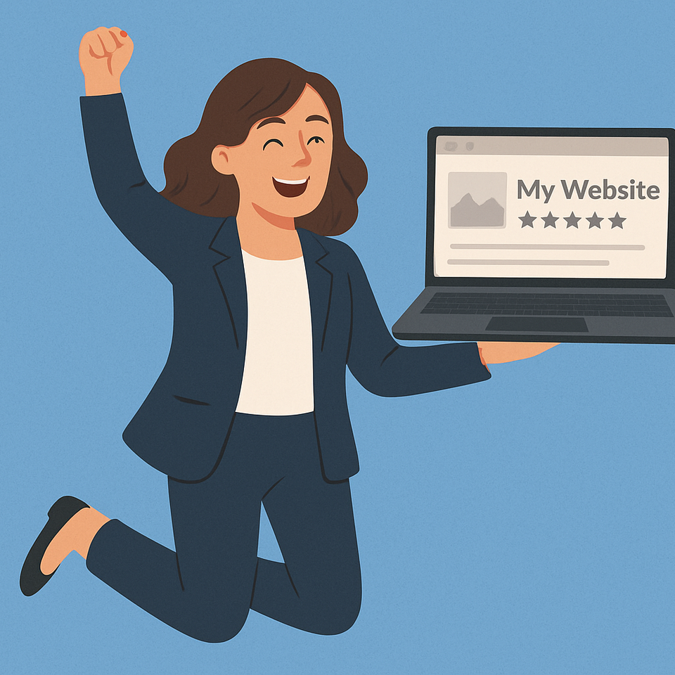 Business woman jumping up and holding her laptop of her website and who is happy with website