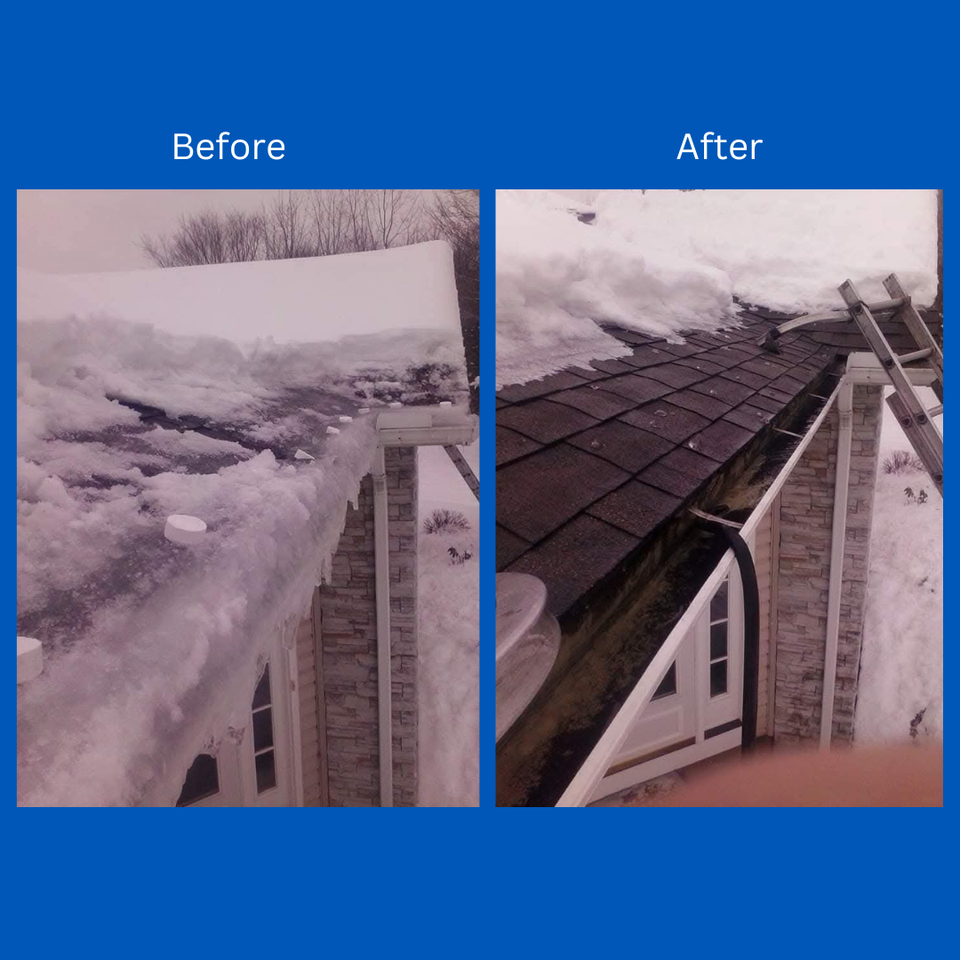 Side-by-side comparison showing a roof and gutter before and after ice dam and snow removal.