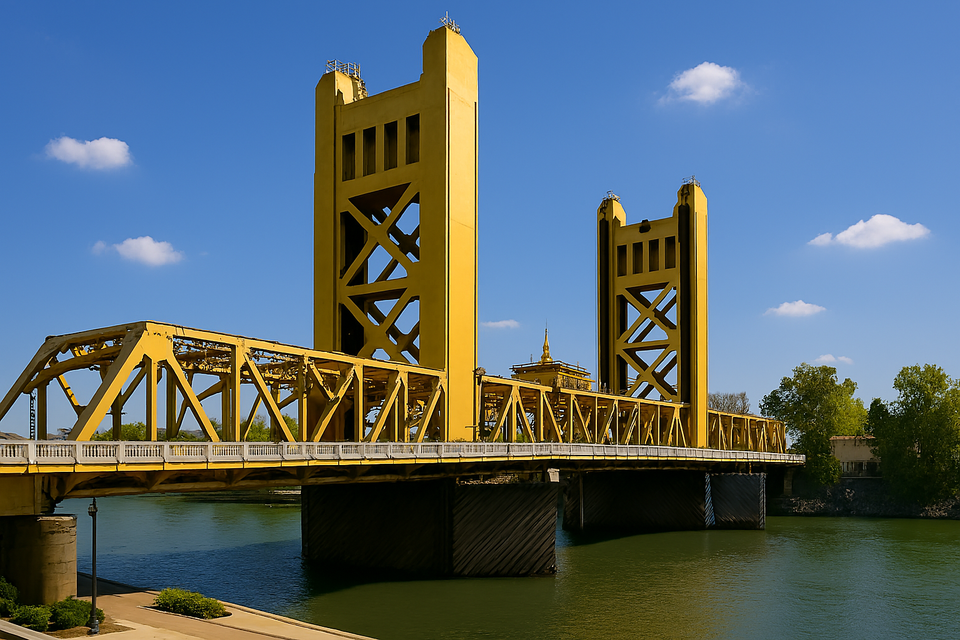 Landmark image of the yellow Tower Bridge in West Sacramento spanning the Sacramento River under clear blue skies