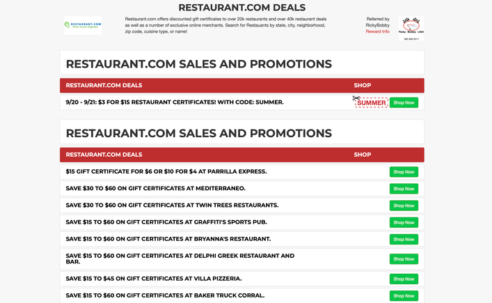 Www.yazing.com deals restaurant.com rickybobby restaurant com sales and promotions
