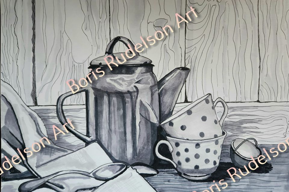 Monochrome. Teapot and caps