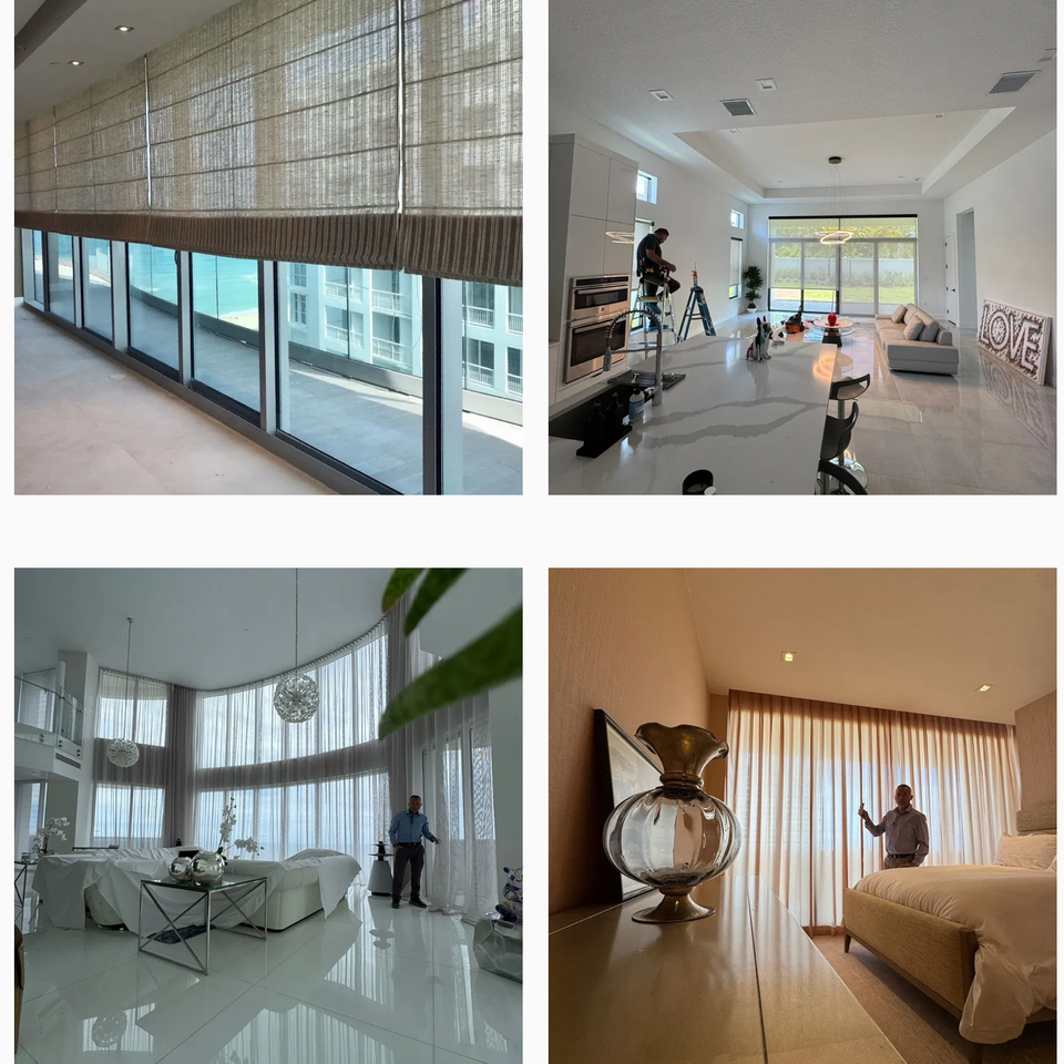 BJ&S Blinds projects featuring Roman shades, sheer drapery in living spaces, and technicians installing window coverings in modern homes