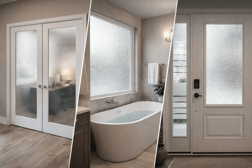 Residential decorative and frosted window film applied to bathroom windows, interior doors, and entry glass in Sugar Land homes